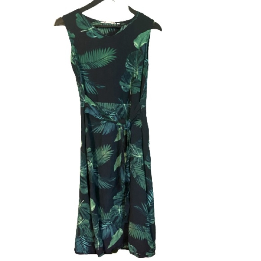 Anthropologie navy and green tropical print dress with tie belt